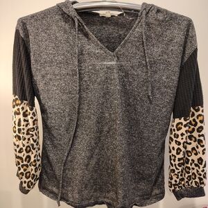Charcoal Gray Hoodie with Leopard Print Sleeves